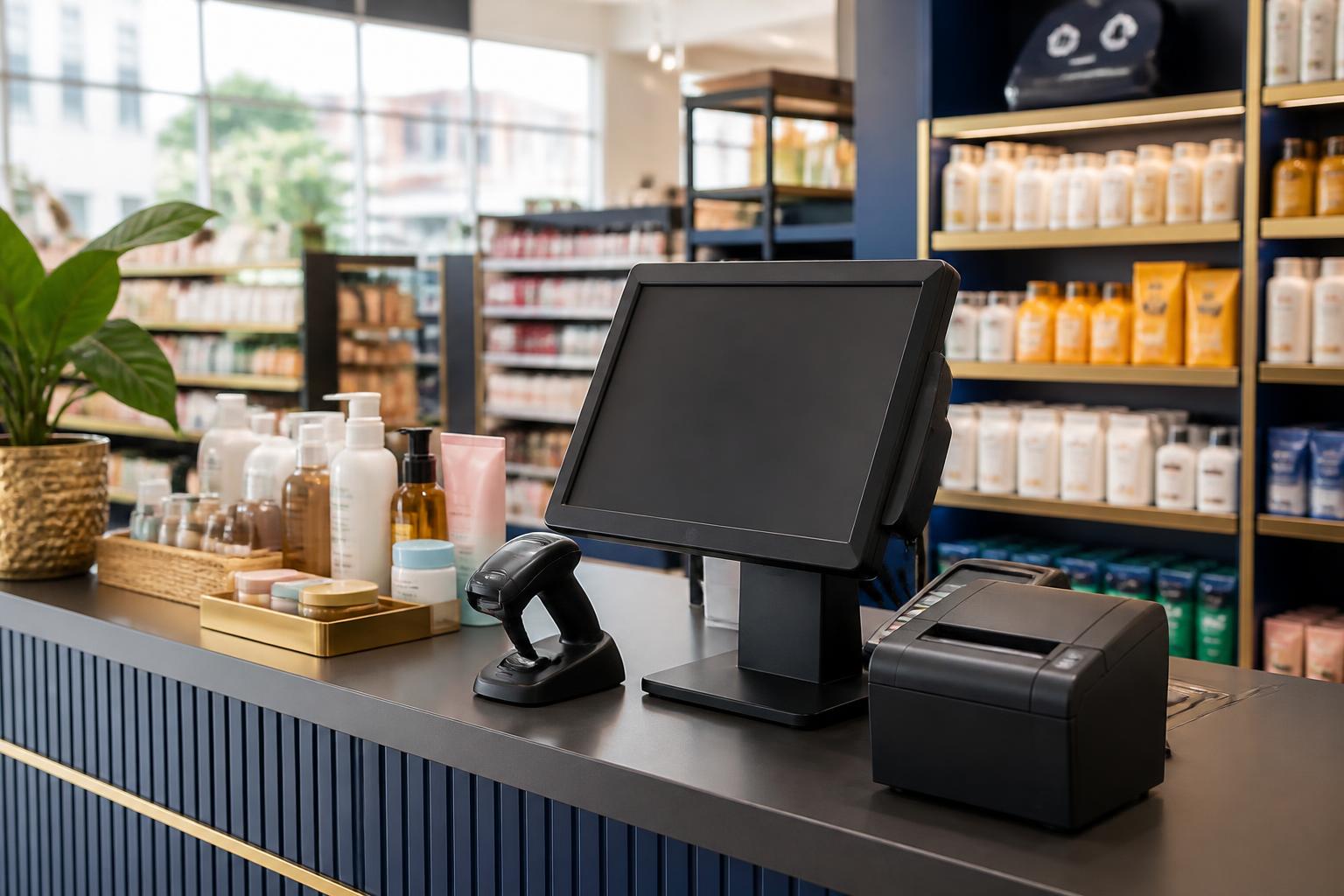 Modern retail checkout with POS terminal, barcode scanner and receipt printer